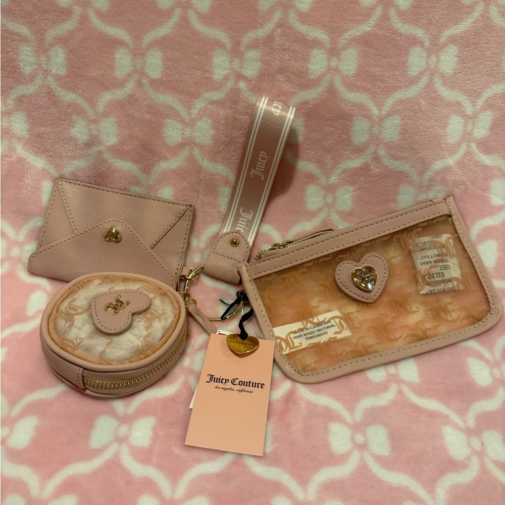Juicy Couture Pale Pink Key, Card & Coin Holder Set with Heart Accents